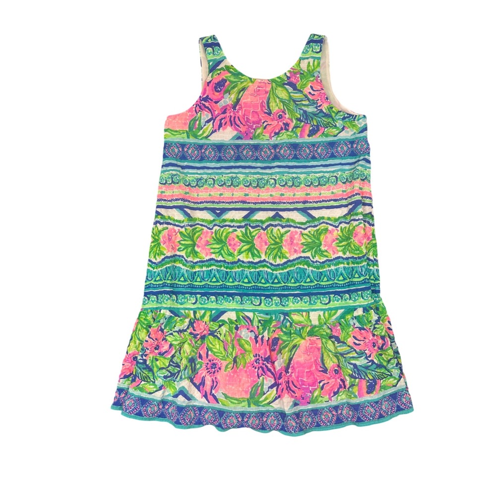 Lilly Pulitzer Pink Green Blue Floral Tassel Back Ruffle Hem Shift Dress Small - Picture 3 of 9